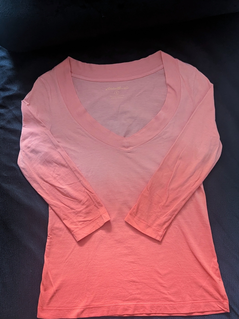 Eddie Bauer Cotton Coral Pink Ombre V-Neck 3/4 Sleeve Women's Top
